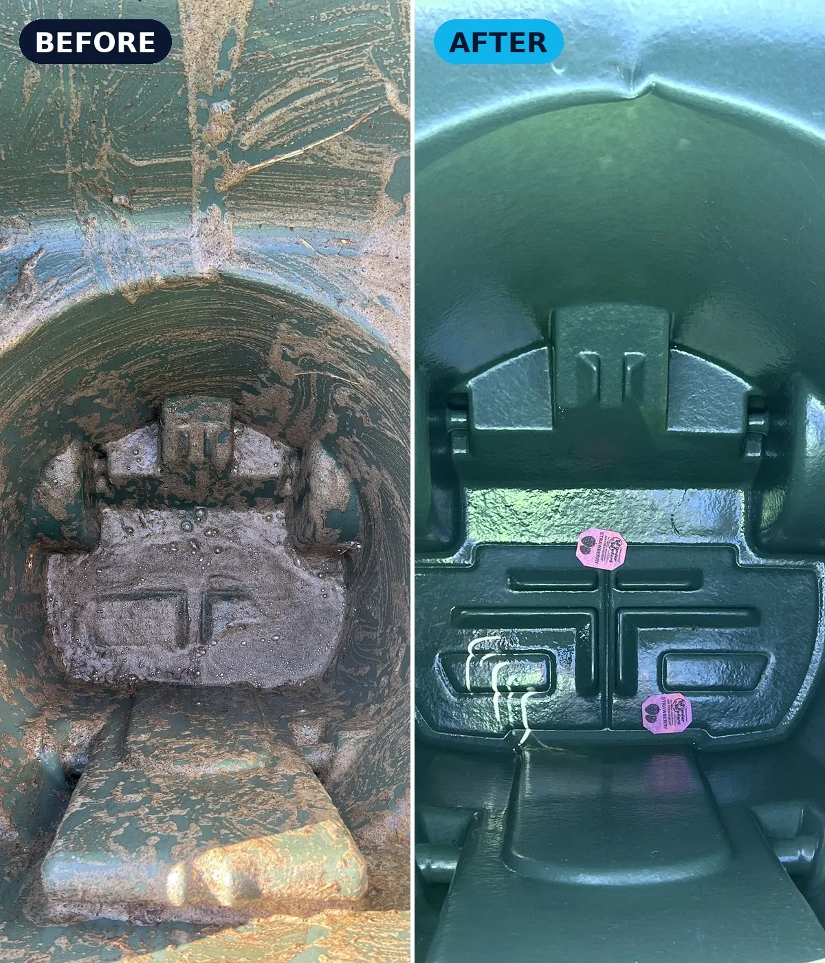 The inside of a trash bin before and after a Zafra cleaning